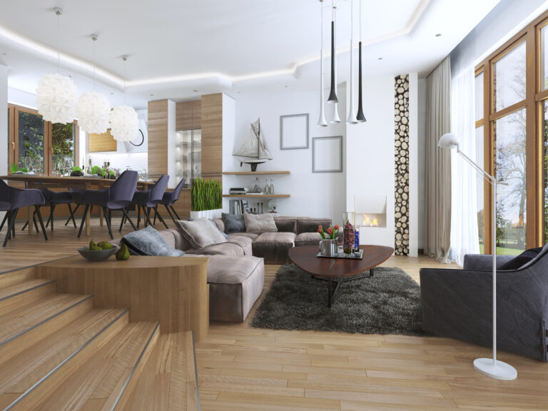 The room is a studio with kitchen and dining area and a living room on the lower level in the Contemporary style. Sideboard with utensils and decorations on the shelves. 3D render.